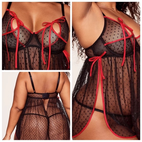 Polka Dot Mesh Lingerie Black Red 2X - Picture 16 of 16